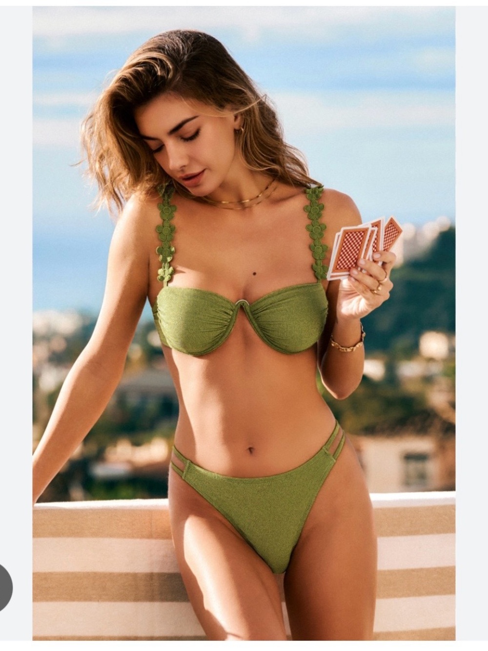 Shimmer Olive Green Floral-Strap Bikini Set - Women's Swim